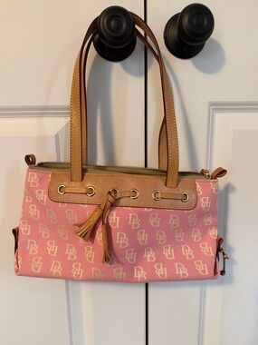 Dooney & Bourke Pink Logo Jacquard Shoulder Bag with Tan Trim